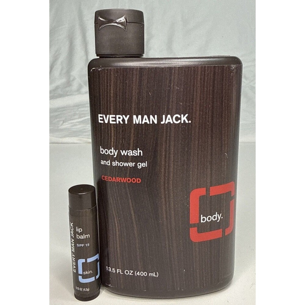Every Man Jack Bundle Body Wash Shower Gel Cedarwood 13.5 fl oz & Lip Balm New